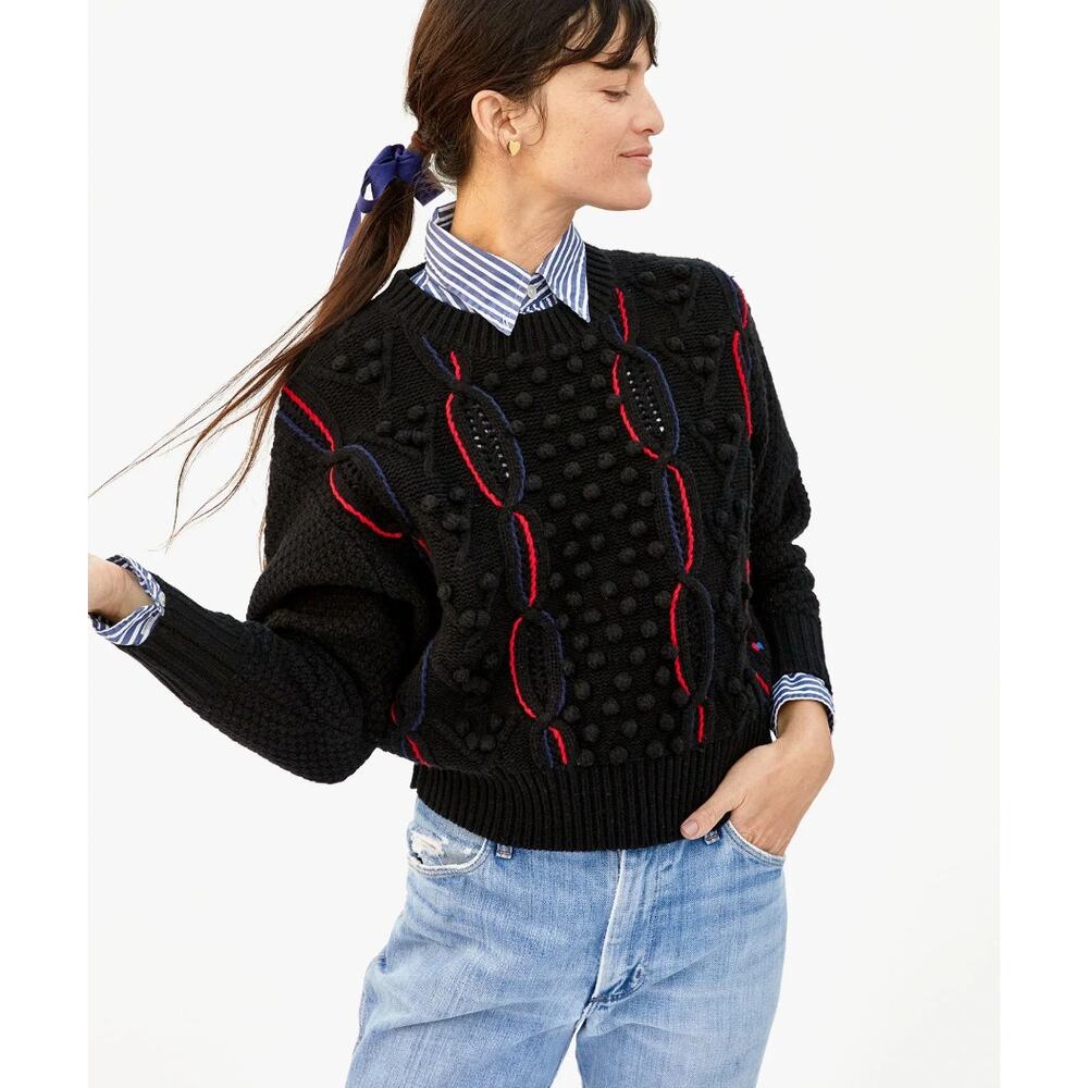 Clare V Black Crewneck Sweater with Red & Blue Trim